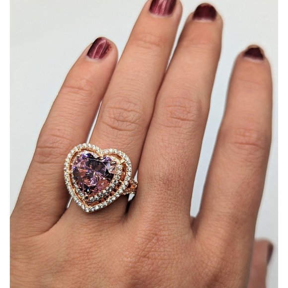 Designer Signed W Sterling Silver 925 Rose Gold Plated Pink Heart Halo Ring Sz 6 - Picture 2 of 12
